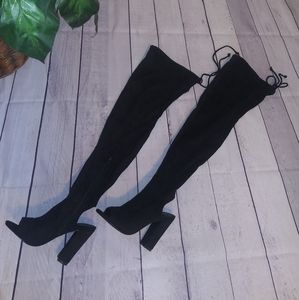 Black Over-the-Knee Block Heel Boots